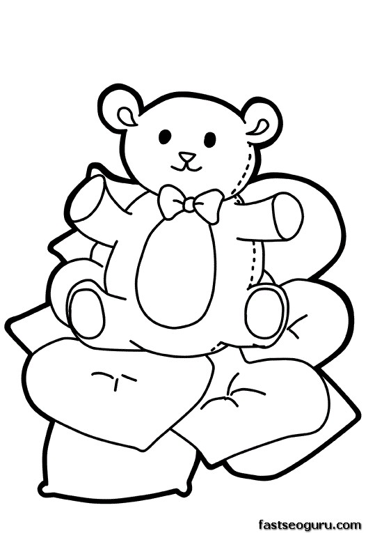 Printable Valentines Day cute teddy bear with heart coloring pages